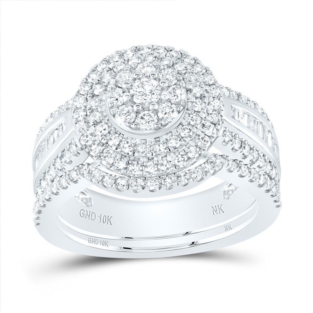 10kt White Gold Round Diamond Cluster Bridal Wedding Ring Band Set 1-1/4 Cttw
