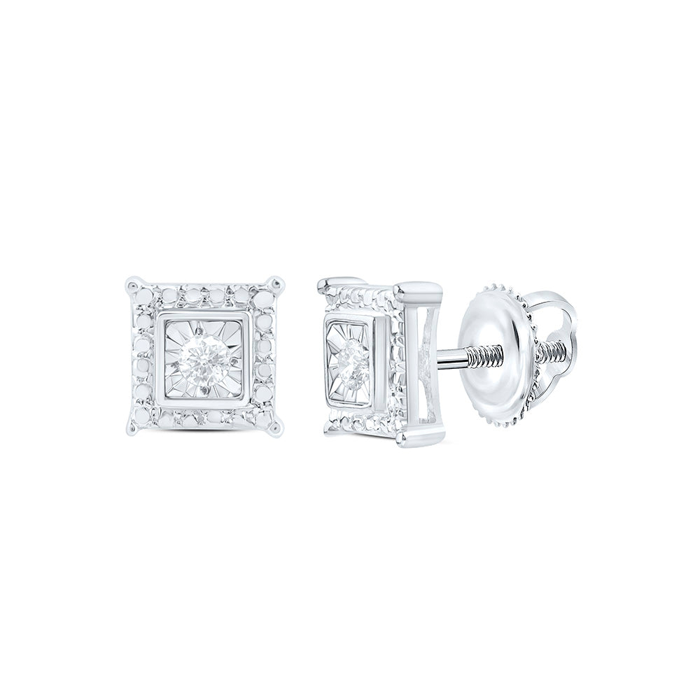 Sterling Silver Womens Round Diamond Solitaire Square Stud Earrings 1/10 Cttw