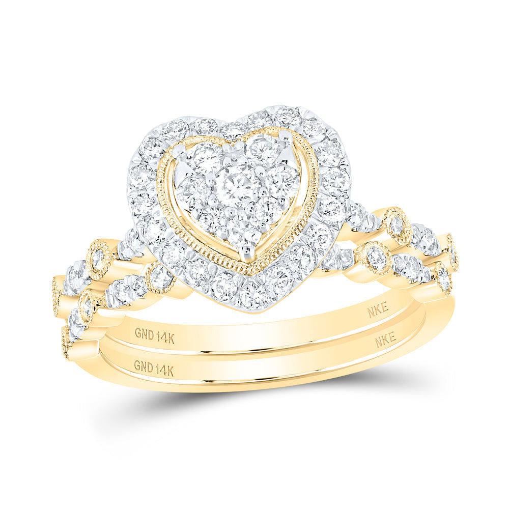 14kt Yellow Gold Round Diamond Heart Bridal Wedding Ring Band Set 5/8 Cttw