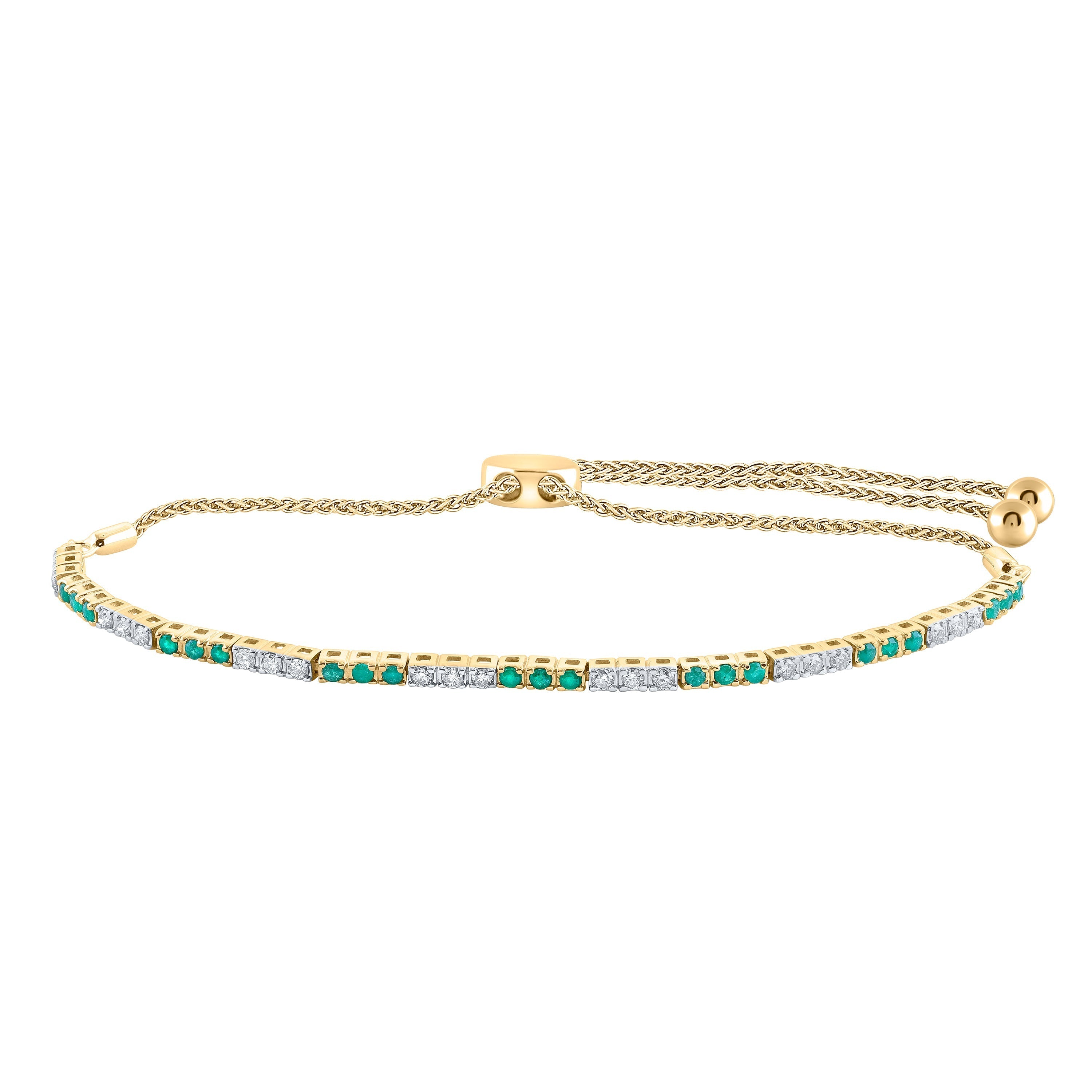 14kt Yellow Gold Womens Round Emerald Diamond Bolo Bracelet 3/4 Cttw