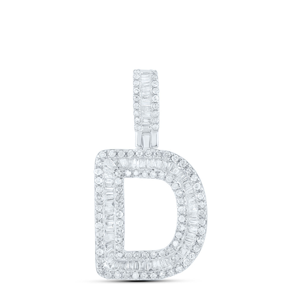 10kt White Gold Mens Baguette Diamond D Initial Letter Pendant 1/2 Cttw