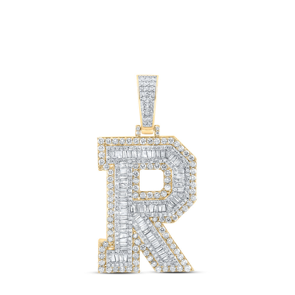 10kt Yellow Gold Mens Baguette Diamond R Initial Letter Charm Pendant 3-1/5 Cttw