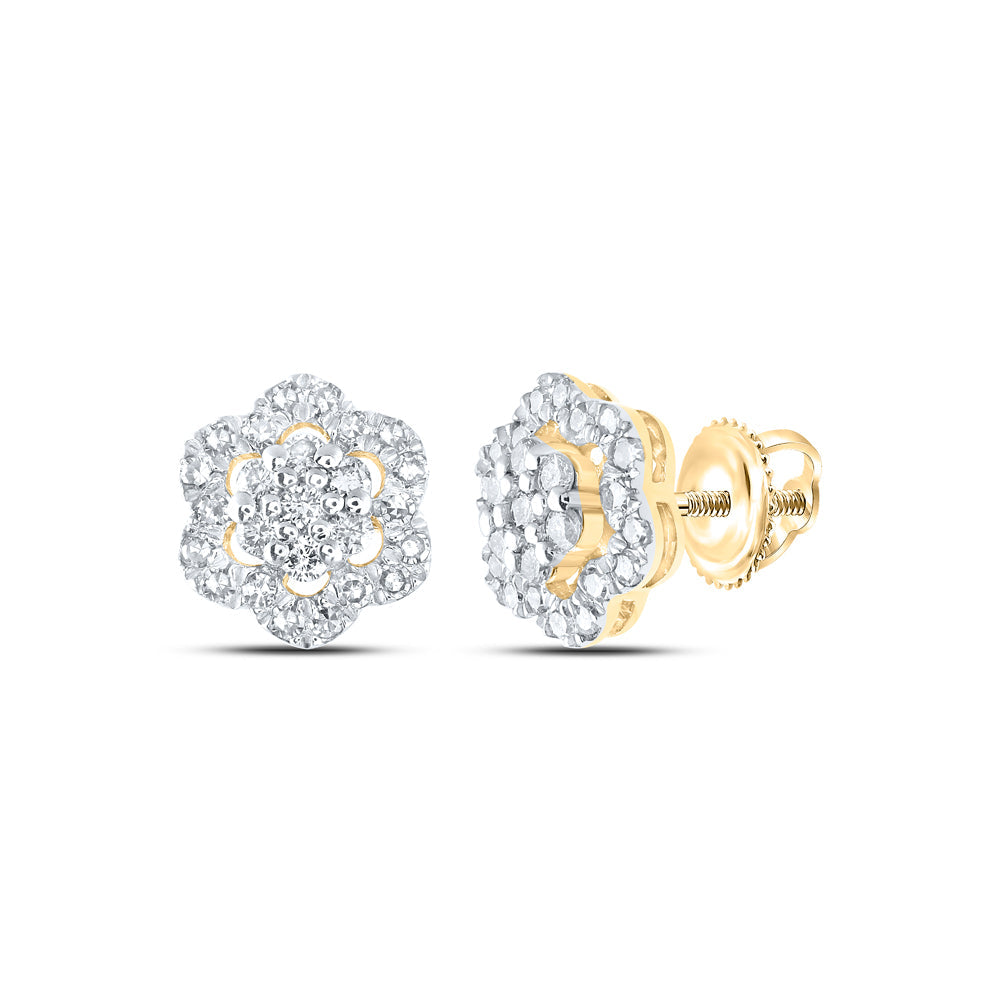 14kt Yellow Gold Womens Round Diamond Flower Cluster Earrings 1/2 Cttw
