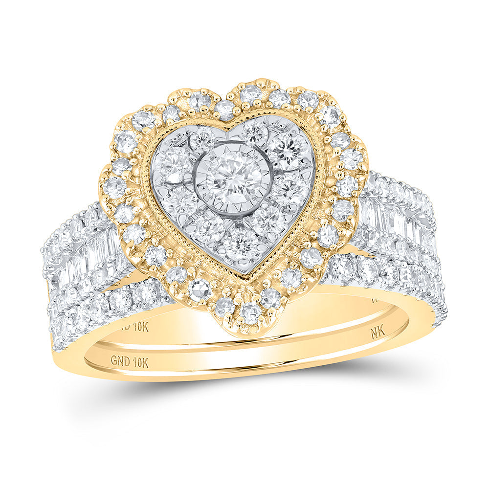 10kt Yellow Gold Round Diamond Heart Bridal Wedding Ring Band Set 1-1/2 Cttw