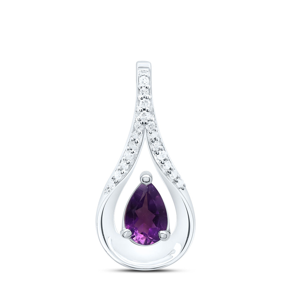 Sterling Silver Womens Pear Synthetic Amethyst Solitaire Diamond Teardrop Pendant 1/2 Cttw