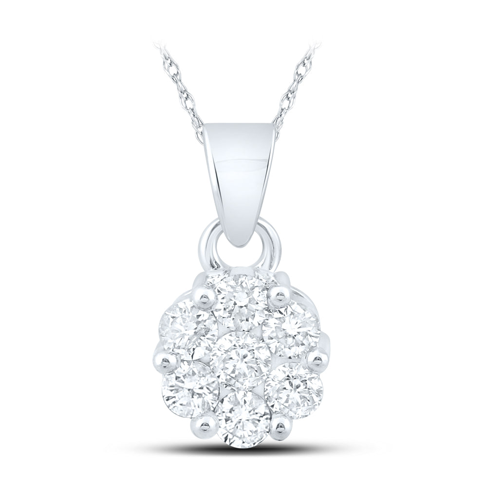 14kt White Gold Womens Round Diamond Flower Cluster Pendant 1 Cttw