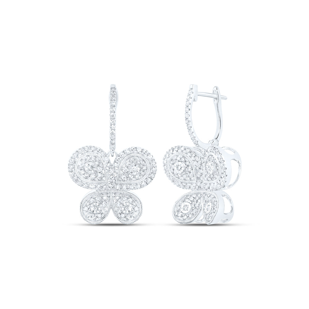 10kt White Gold Womens Round Diamond Butterfly Earrings 7/8 Cttw