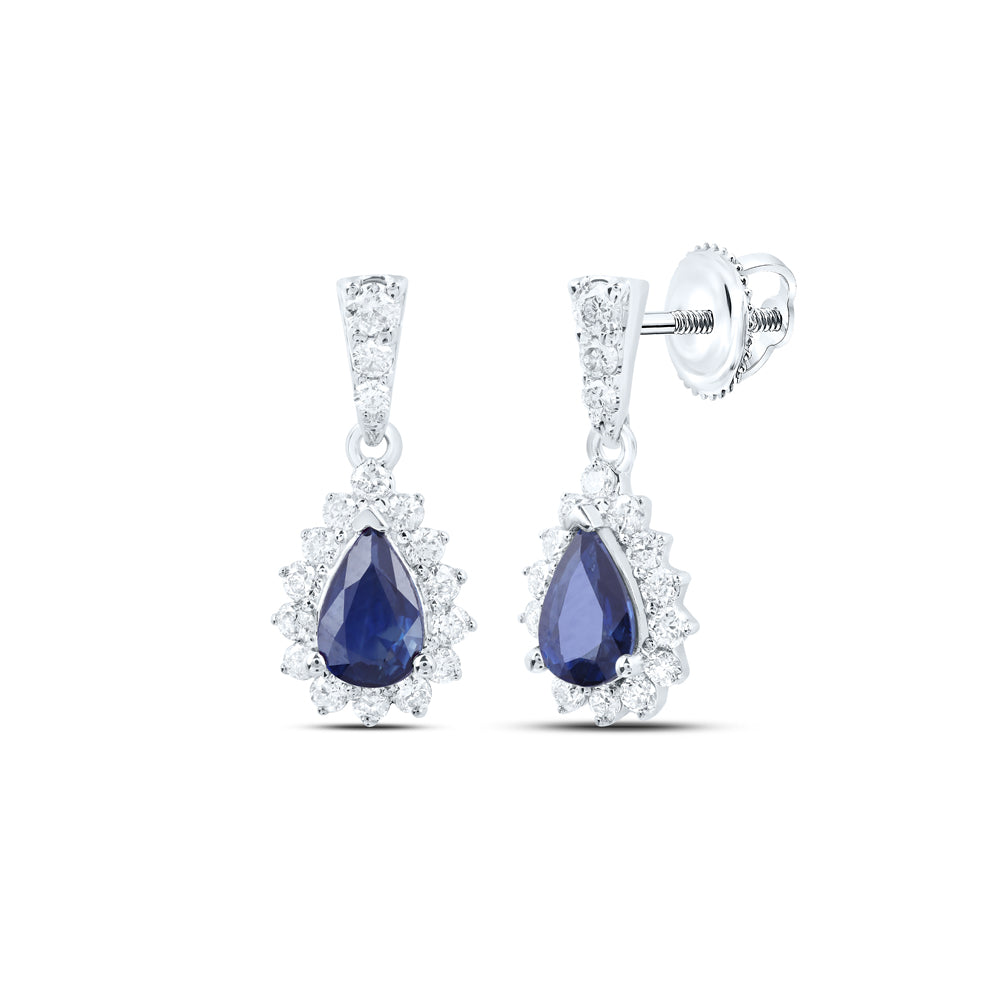 10kt White Gold Womens Pear Blue Sapphire Diamond Dangle Earrings 1-1/2 Cttw