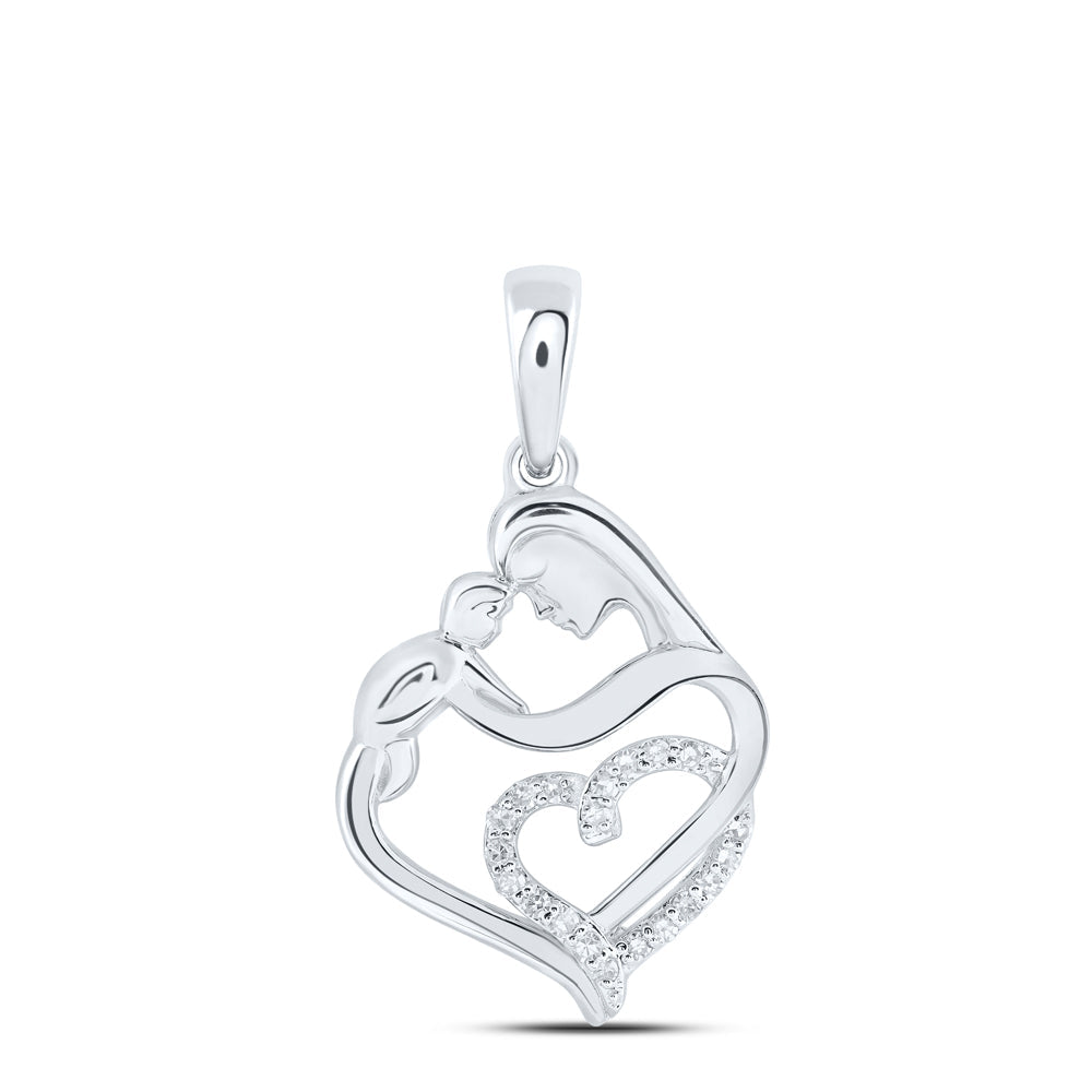 10kt White Gold Womens Round Diamond Mom Child Heart Pendant 1/12 Cttw