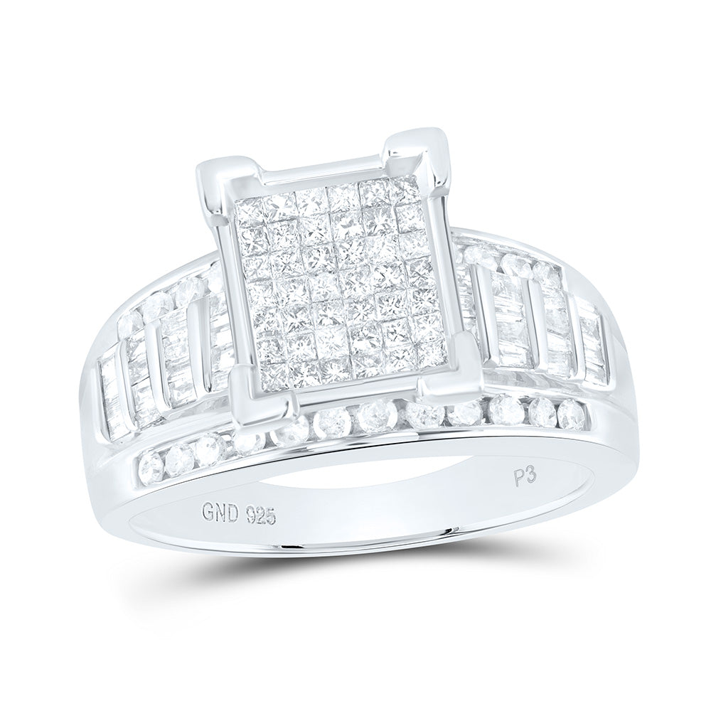 Sterling Silver Princess Diamond Square Cluster Bridal Wedding Engagement Ring 1 Cttw
