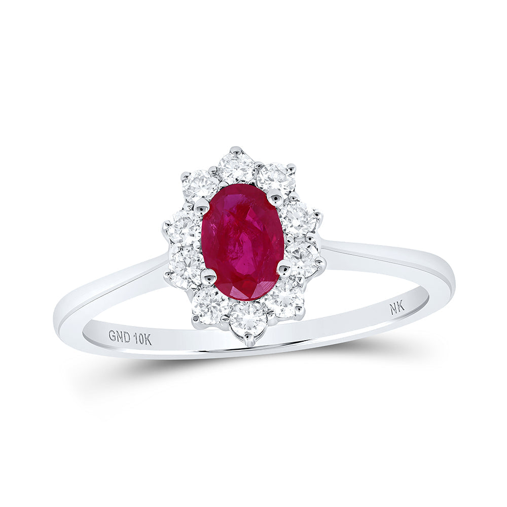10kt White Gold Womens Oval Ruby Diamond Halo Ring 3/4 Cttw