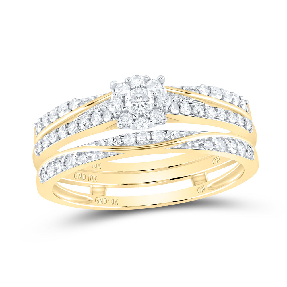 10kt Yellow Gold Round Diamond 3-Piece Bridal Wedding Ring Band Set 1/2 Cttw