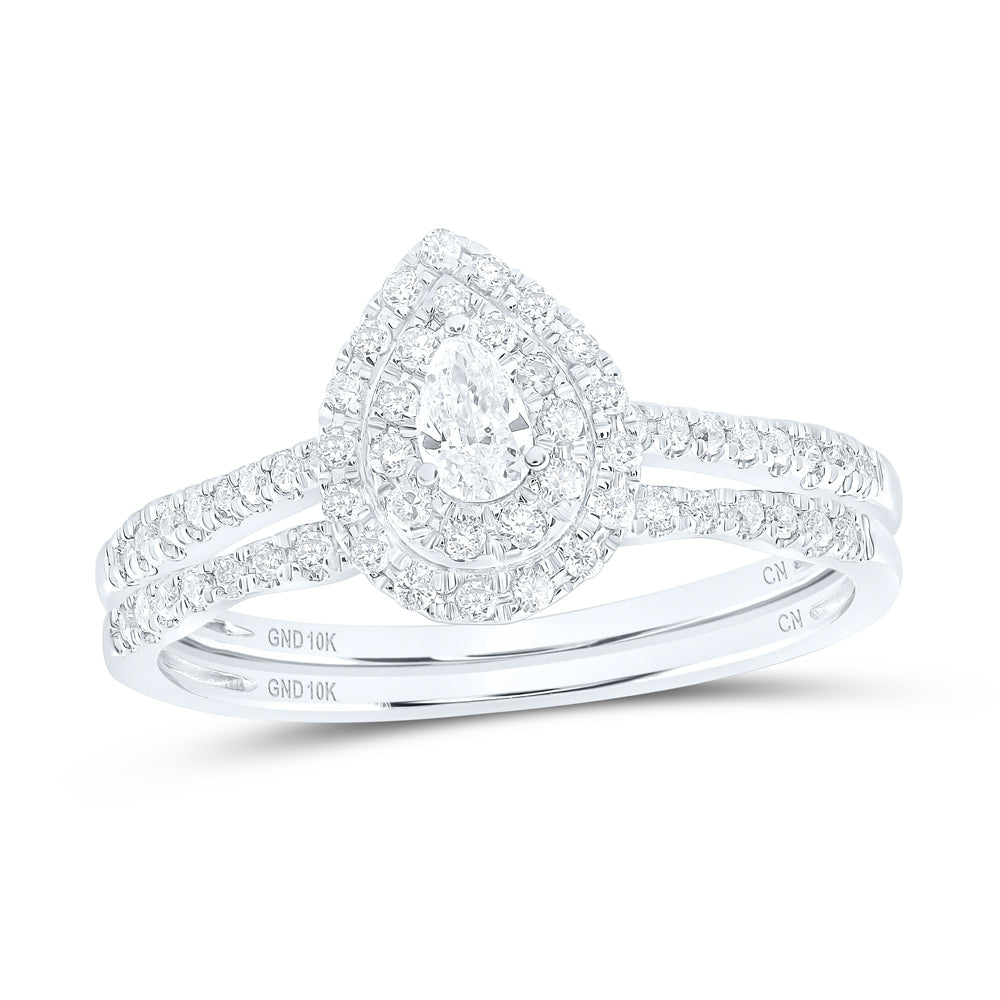 10kt White Gold Pear Diamond Halo Bridal Wedding Ring Band Set 3/8 Cttw