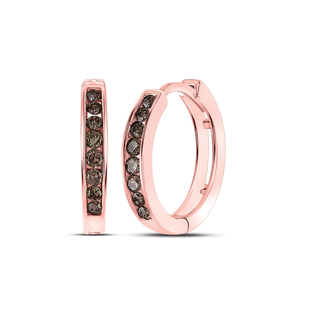 10kt Rose Gold Womens Round Brown Diamond Hoop Earrings 1/4 Cttw