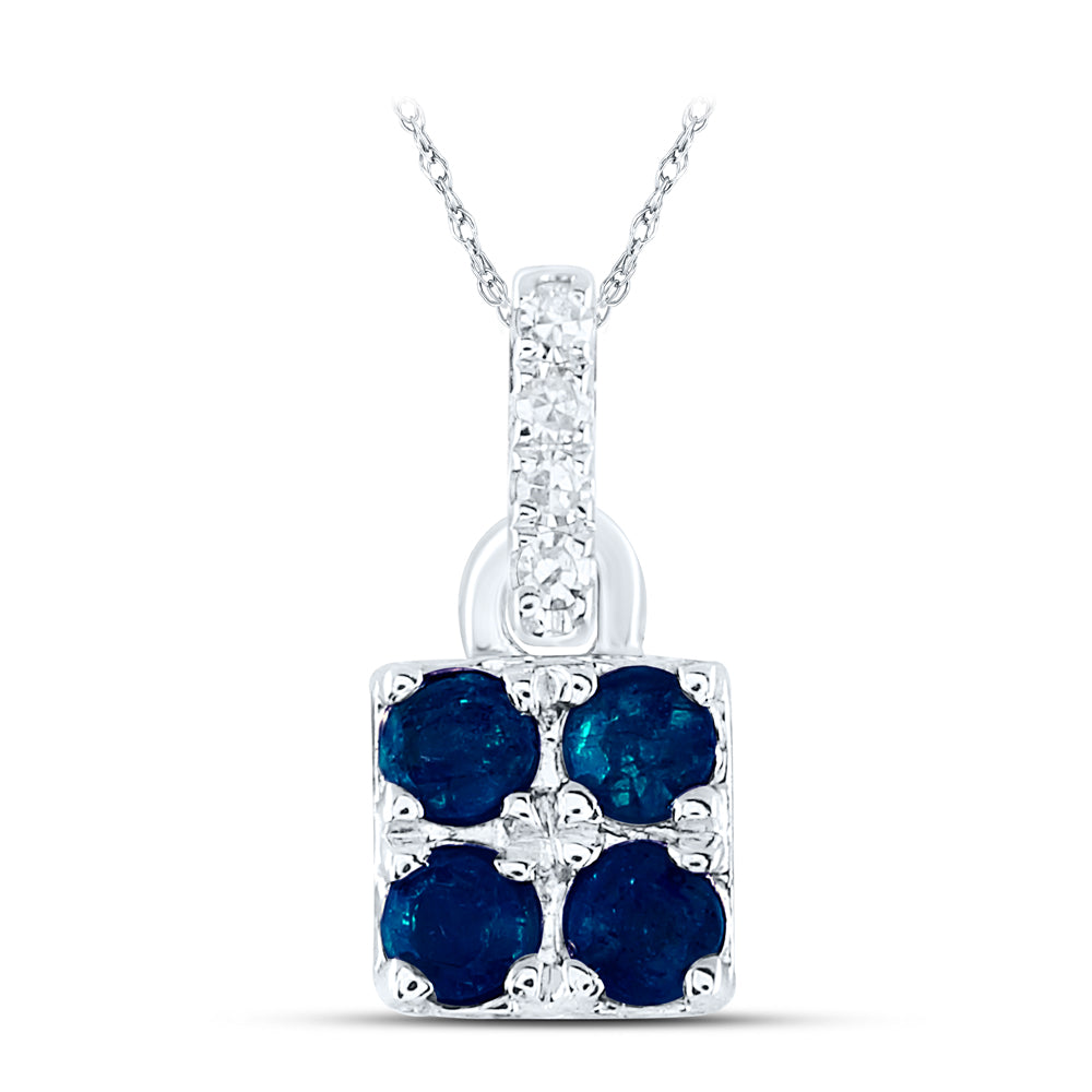 14kt White Gold Womens Round Blue Sapphire Diamond Square Pendant 1/3 Cttw