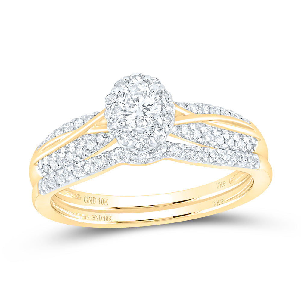 10kt Yellow Gold Round Diamond Halo Bridal Wedding Ring Band Set 1/2 Cttw