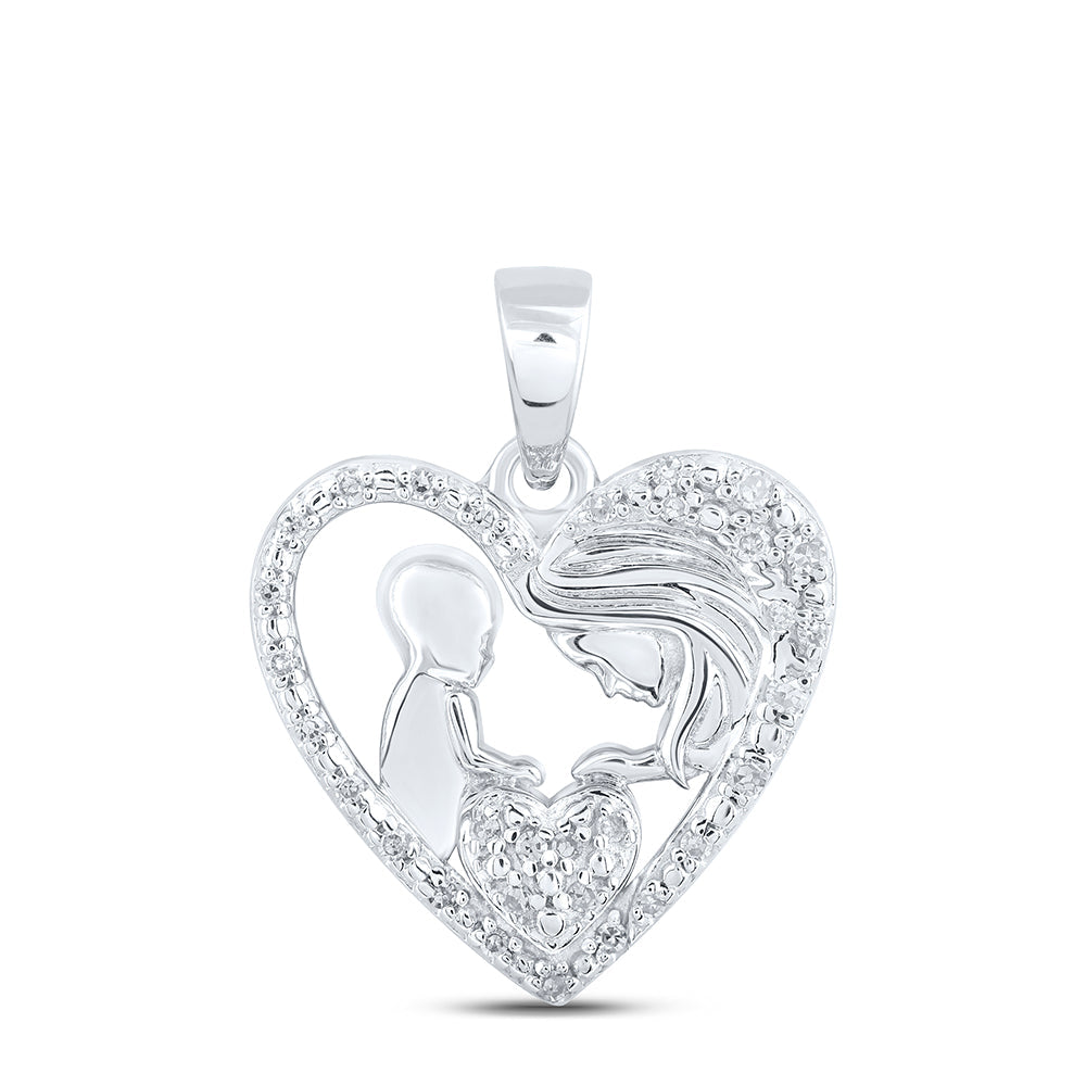 Sterling Silver Womens Round Diamond Mother Child Heart Pendant 1/12 Cttw