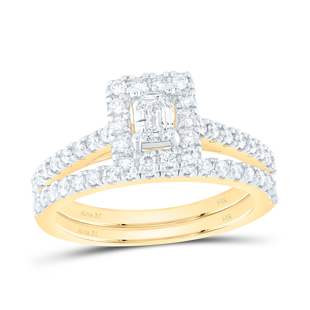 14kt Yellow Gold Emerald Diamond Halo Bridal Wedding Ring Band Set 1 Cttw