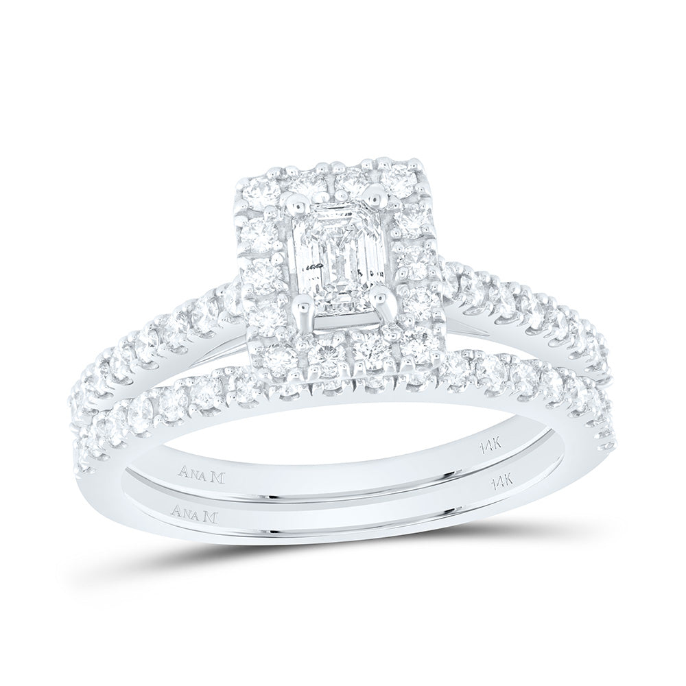 14kt White Gold Emerald Diamond Halo Bridal Wedding Ring Band Set 1 Cttw