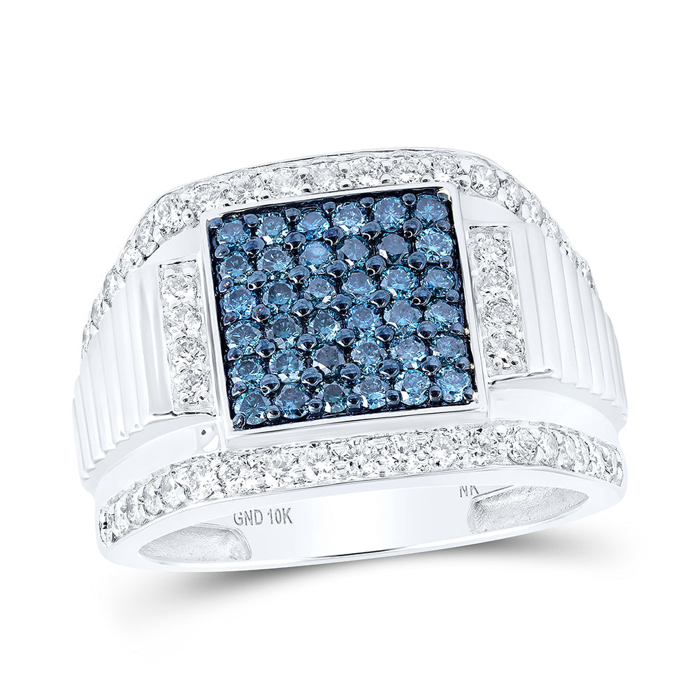 10kt White Gold Mens Round Blue Color Treated Diamond Square Ring 1-5/8 Cttw