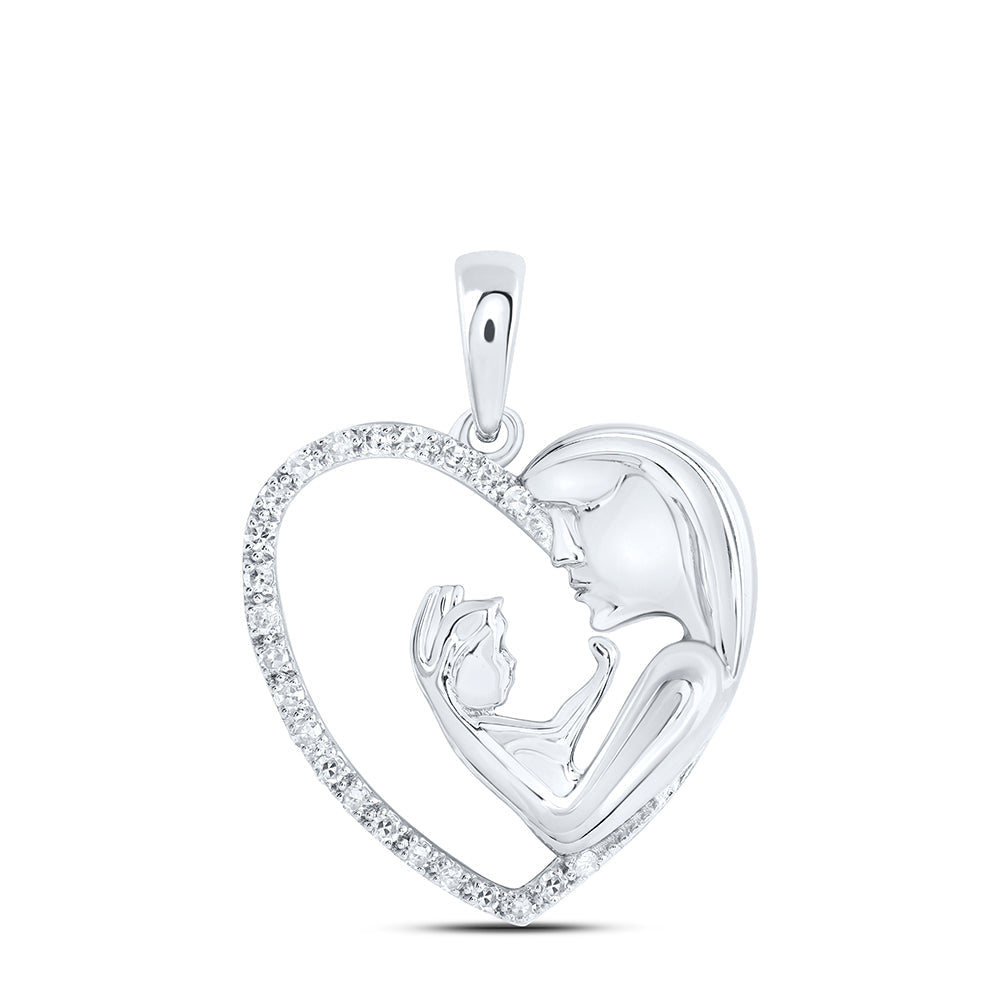 10kt White Gold Womens Round Diamond Mother Child Heart Pendant 1/10 Cttw