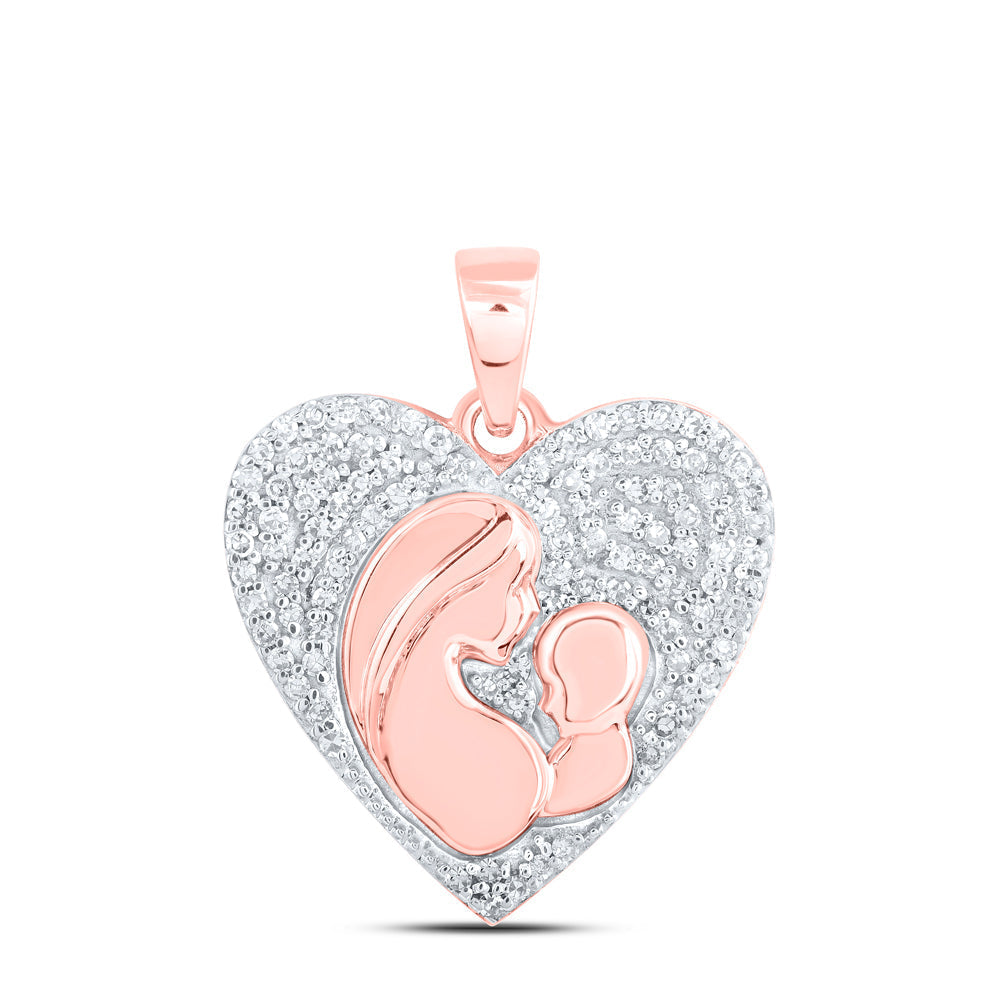 10kt Rose Gold Womens Round Diamond Mom Child Heart Pendant 1/5 Cttw