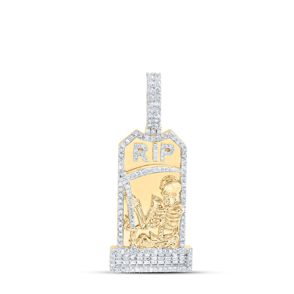 10kt Yellow Gold Mens Baguette Diamond RIP Grim Reaper Tombstone Charm Pendant 1-1/5 Cttw
