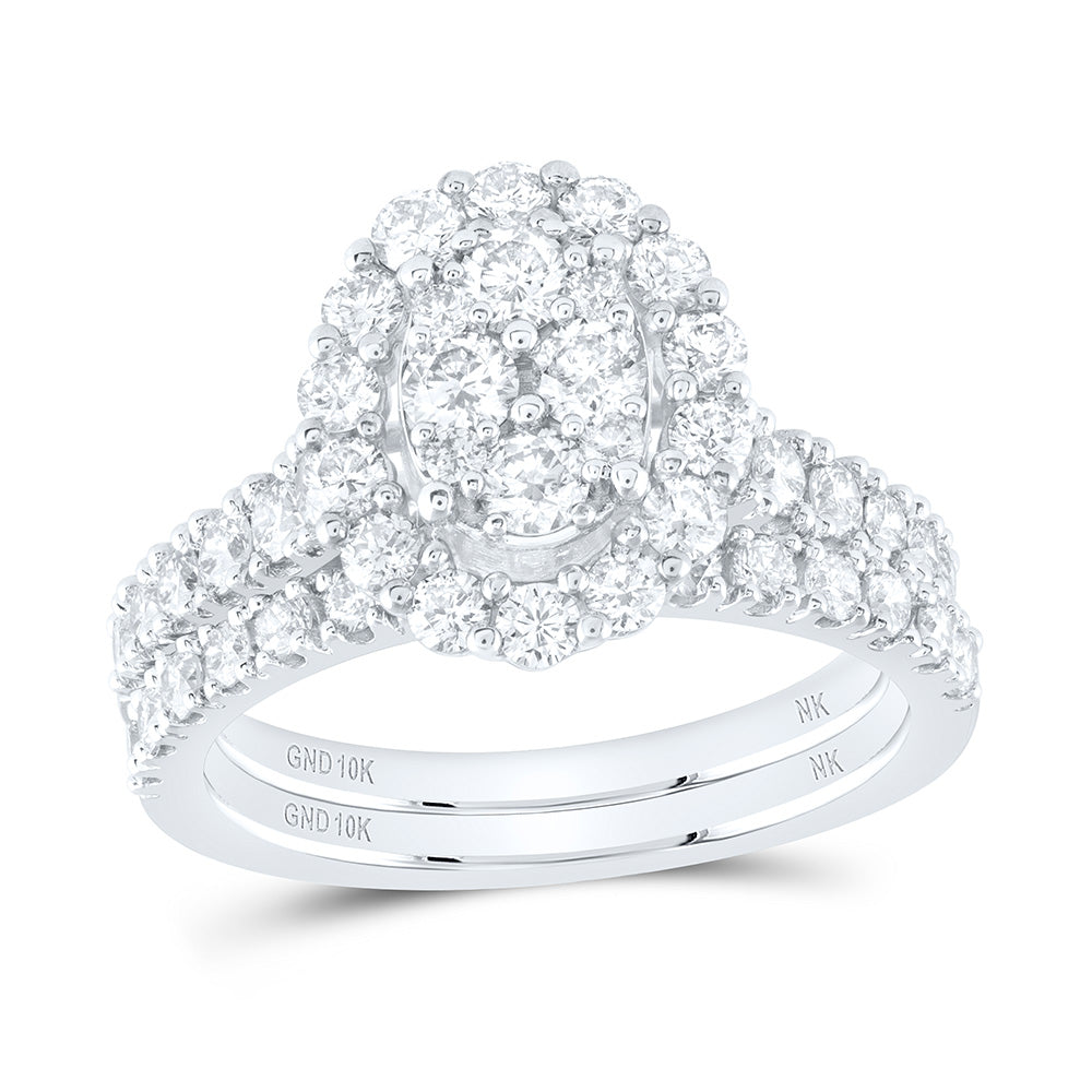 10kt White Gold Round Diamond Oval Bridal Wedding Ring Band Set 1-5/8 Cttw