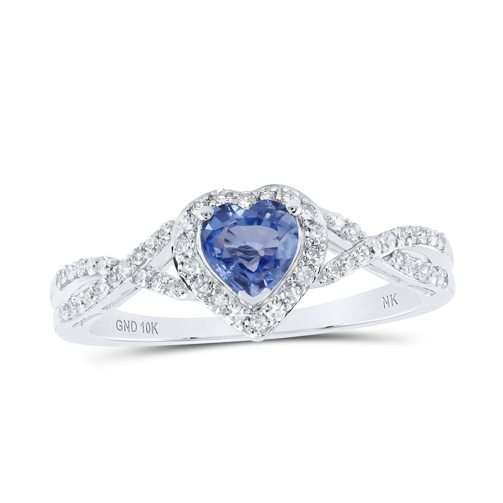 10kt White Gold Womens Diamond Heart Blue Sapphire Diamond Heart Ring 5/8 Cttw