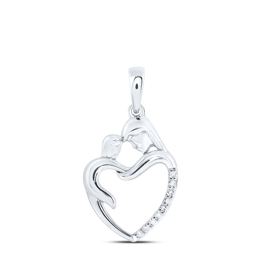 10kt White Gold Womens Round Diamond Mom Child Heart Pendant 1/20 Cttw