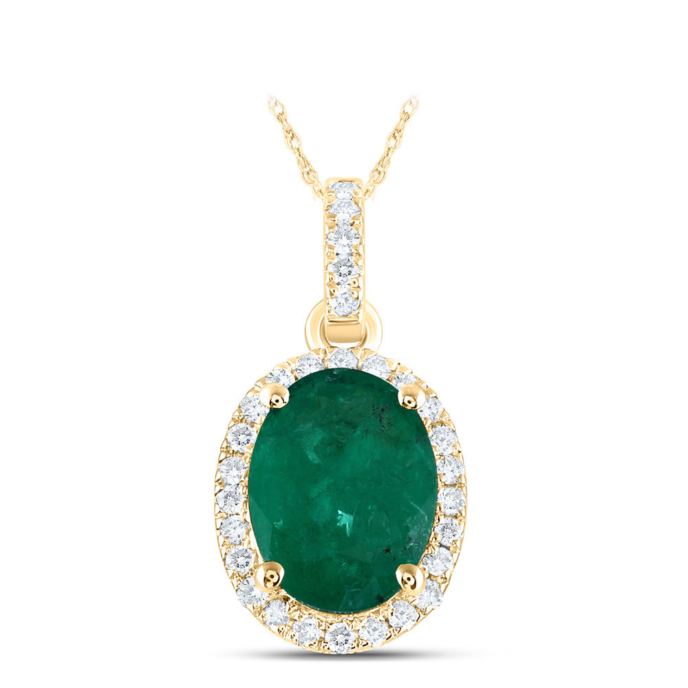 14kt Yellow Gold Womens Oval Emerald Solitaire Diamond Halo Pendant 1 Cttw