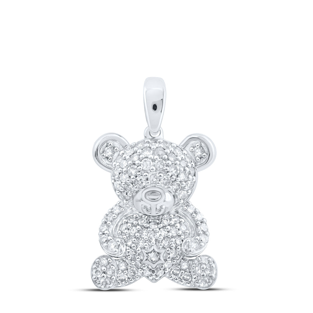 10kt White Gold Womens Round Diamond Teddy Bear Animal Pendant 1/2 Cttw