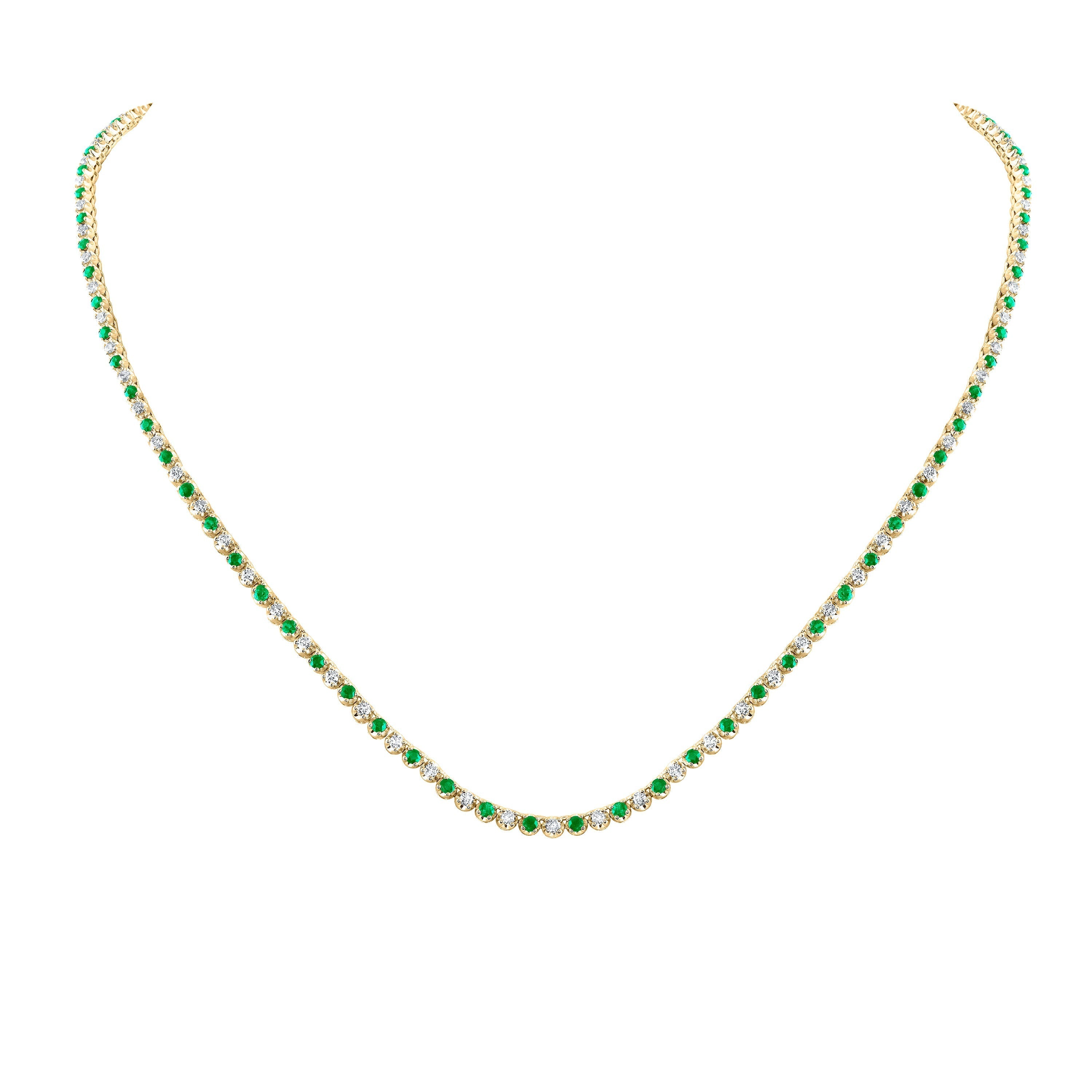 14kt Yellow Gold Womens Round Emerald Diamond Tennis Necklace 5-5/8 Cttw