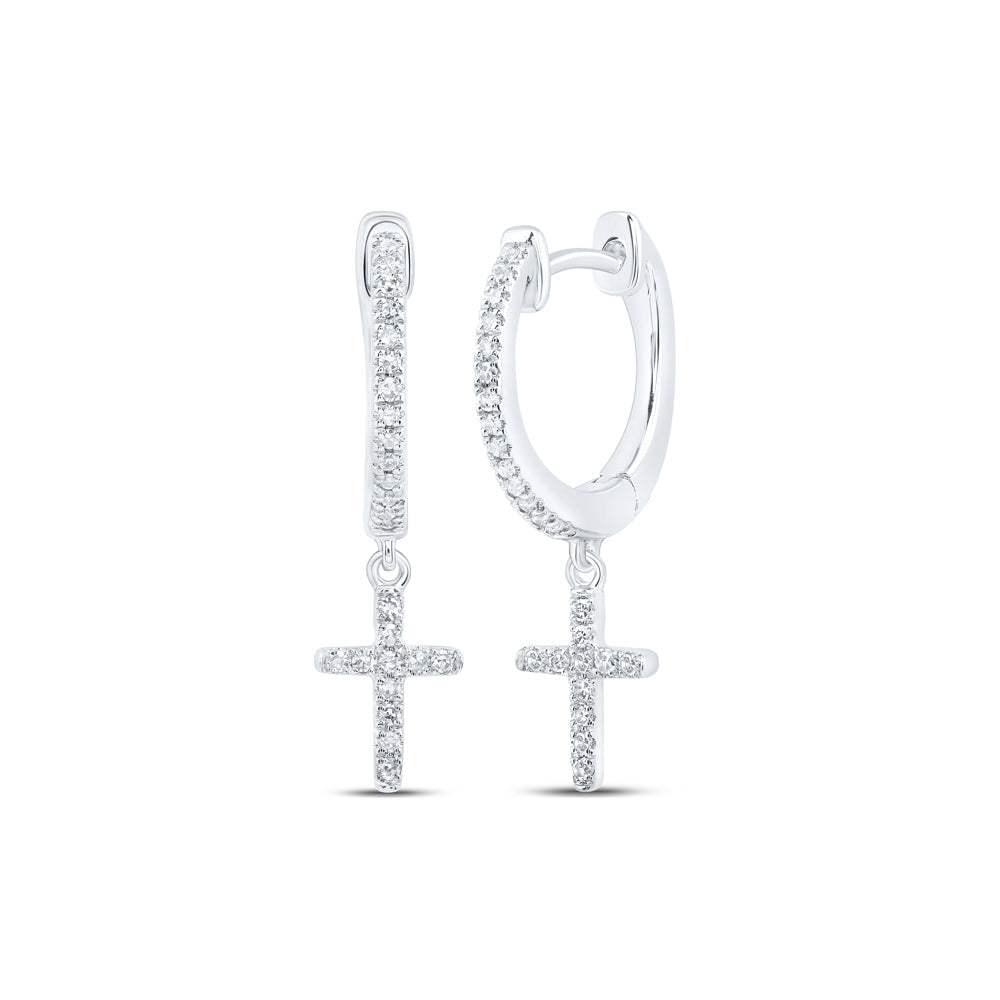 10kt White Gold Womens Round Diamond Cross Dangle Earrings 1/6 Cttw