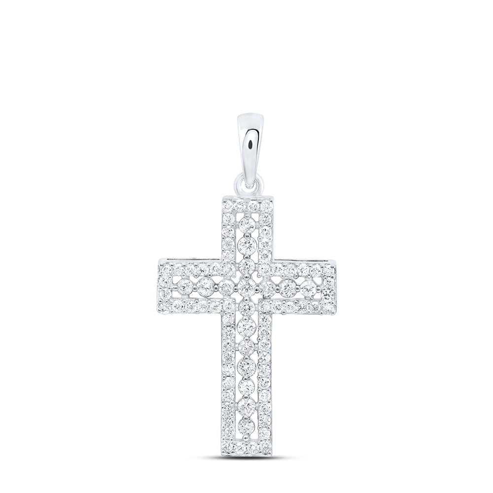 14kt White Gold Womens Round Diamond Cross Pendant 1/2 Cttw