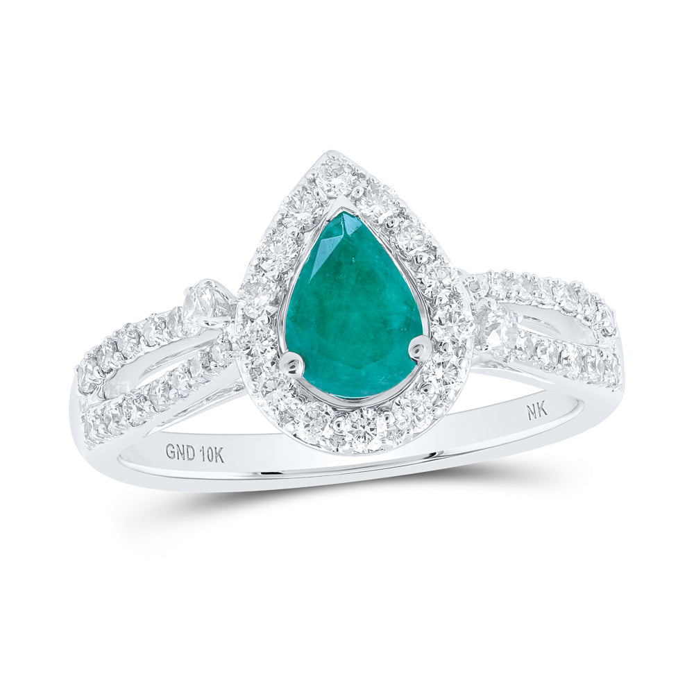 10kt White Gold Womens Pear Emerald Diamond Halo Ring 1 Cttw