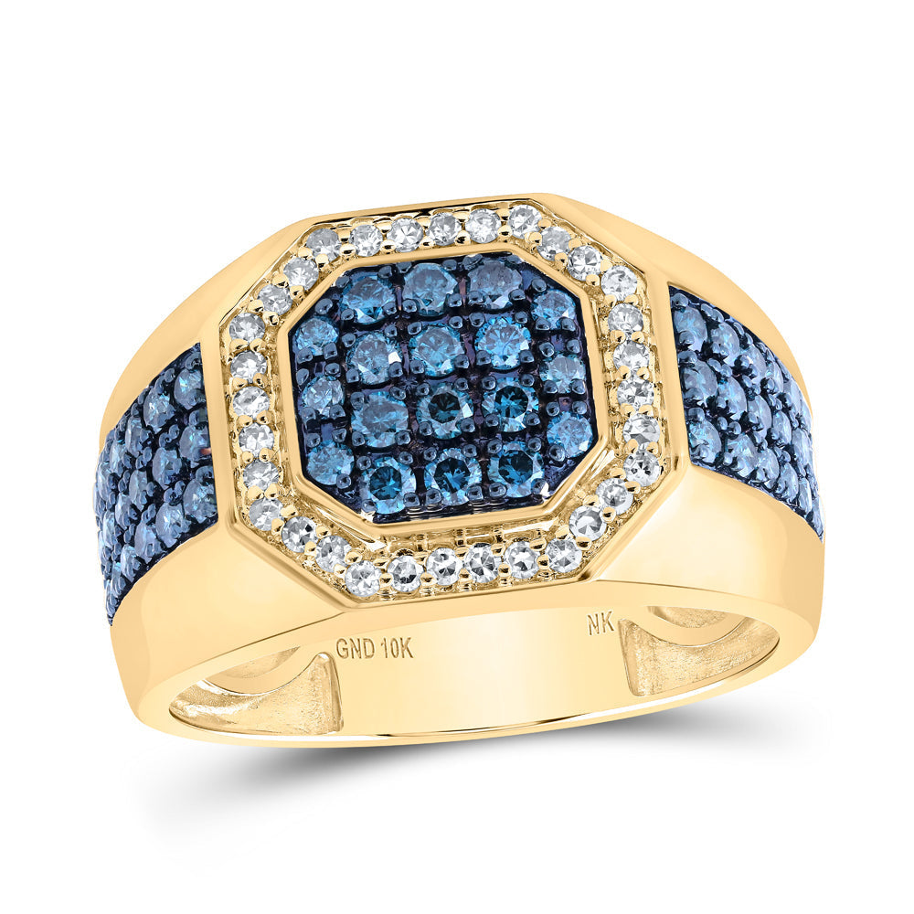 10kt Yellow Gold Mens Round Blue Color Treated Diamond Octagon Ring 1-1/5 Cttw