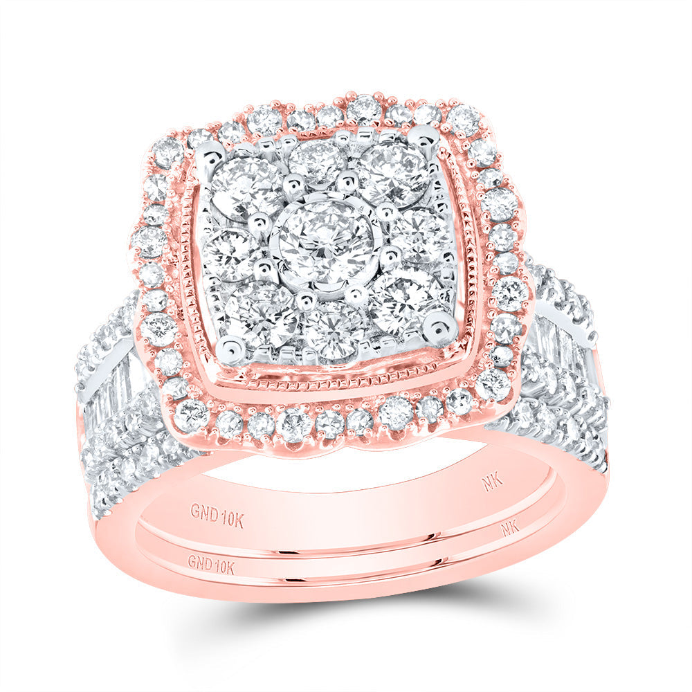 10kt Rose Gold Round Diamond Cluster Bridal Wedding Ring Band Set 2 Cttw