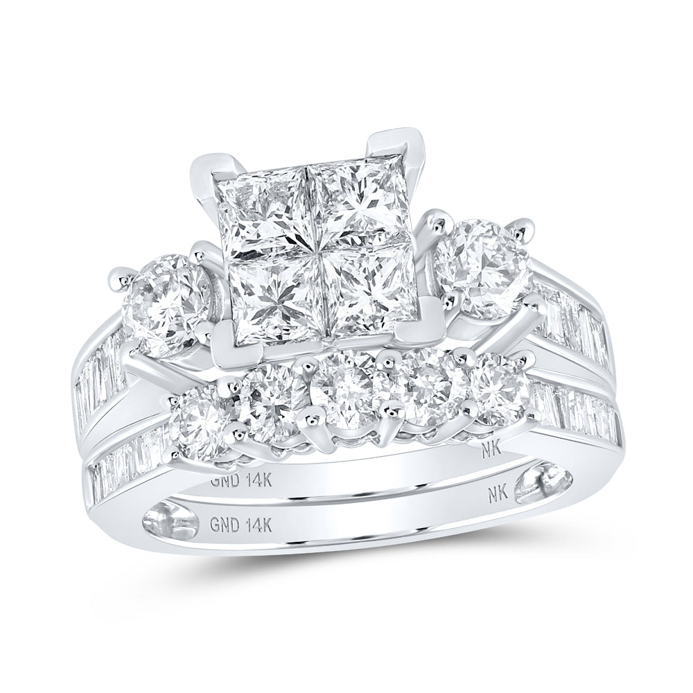 14kt White Gold Princess Diamond Square Bridal Wedding Ring Band Set 3 Cttw
