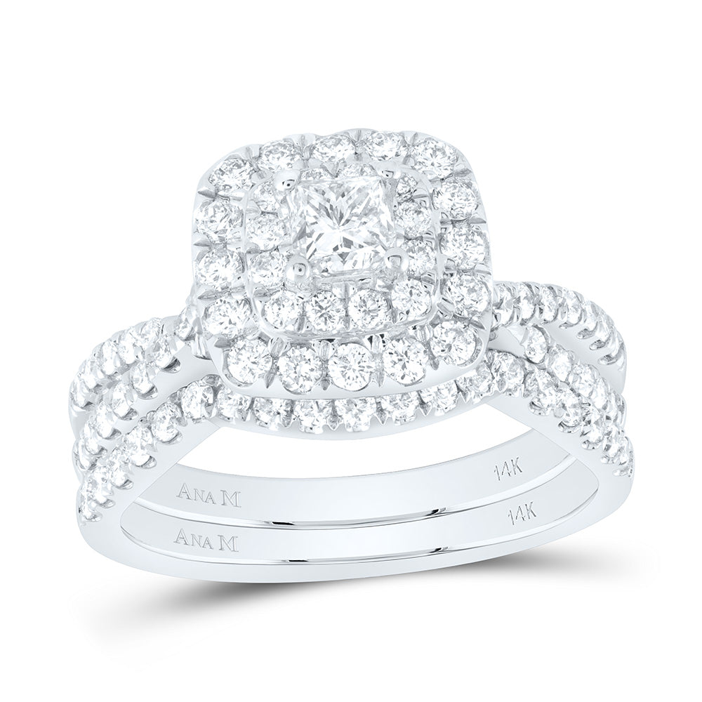 14kt White Gold Princess Diamond Halo Bridal Wedding Ring Band Set 1-1/2 Cttw