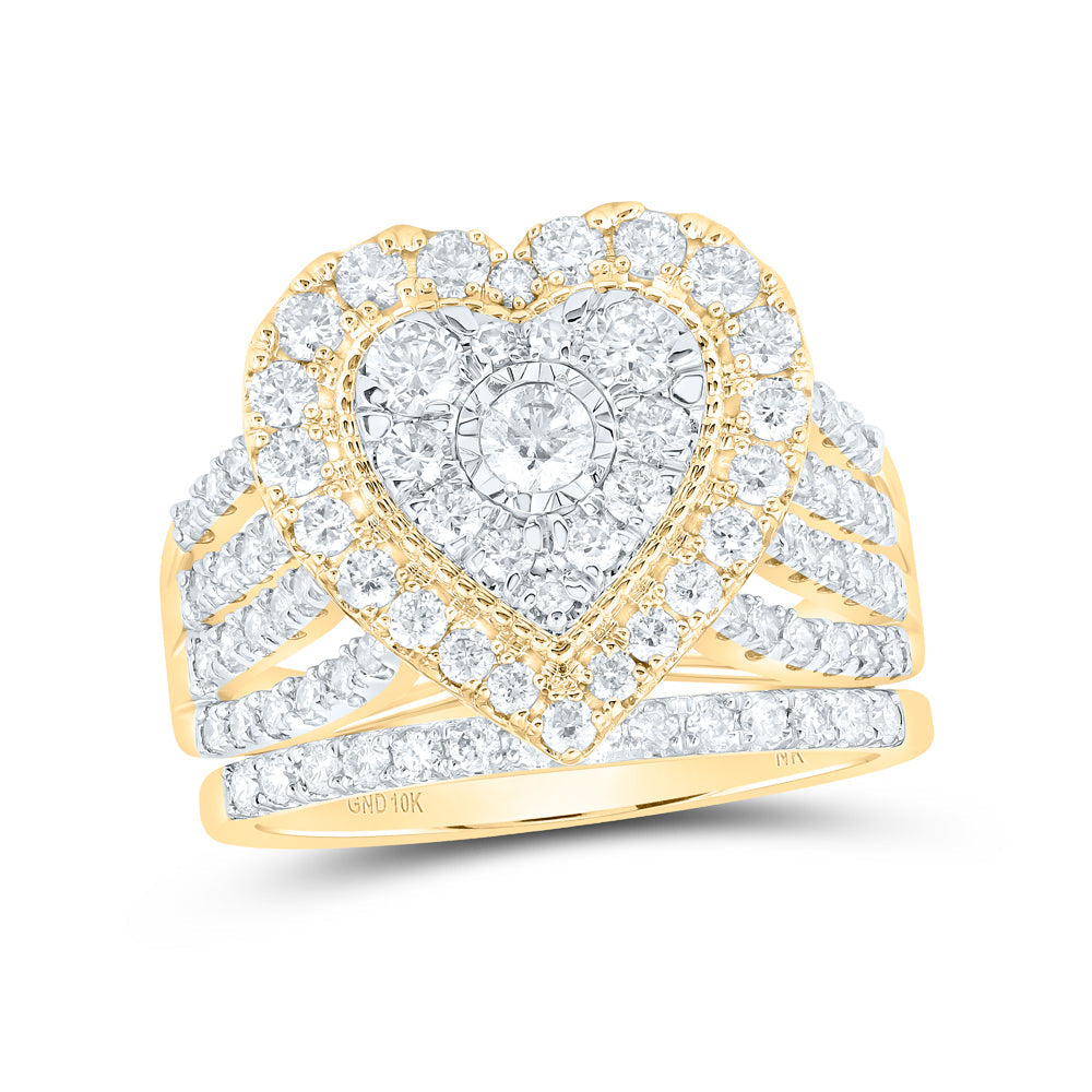 10kt Yellow Gold Round Diamond Heart Bridal Wedding Ring Band Set 1-1/2 Cttw