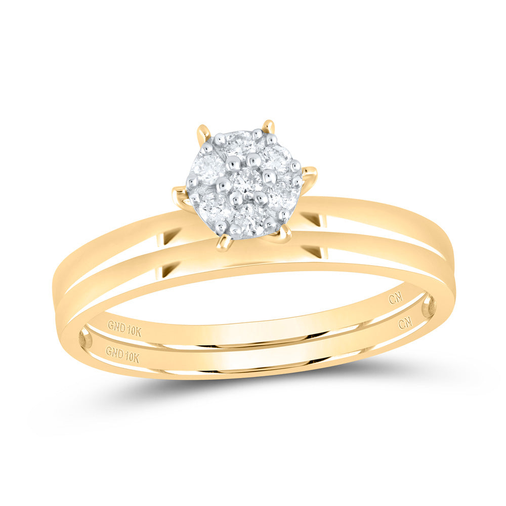 10kt Yellow Gold Round Diamond Cluster Bridal Wedding Ring Band Set 1/6 Cttw