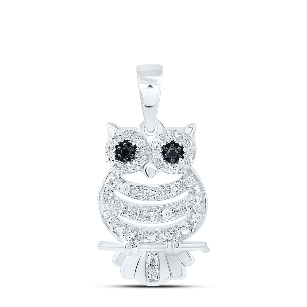 10kt White Gold Womens Round Black Color Enhanced Diamond Owl Bird Animal Pendant 1/6 Cttw