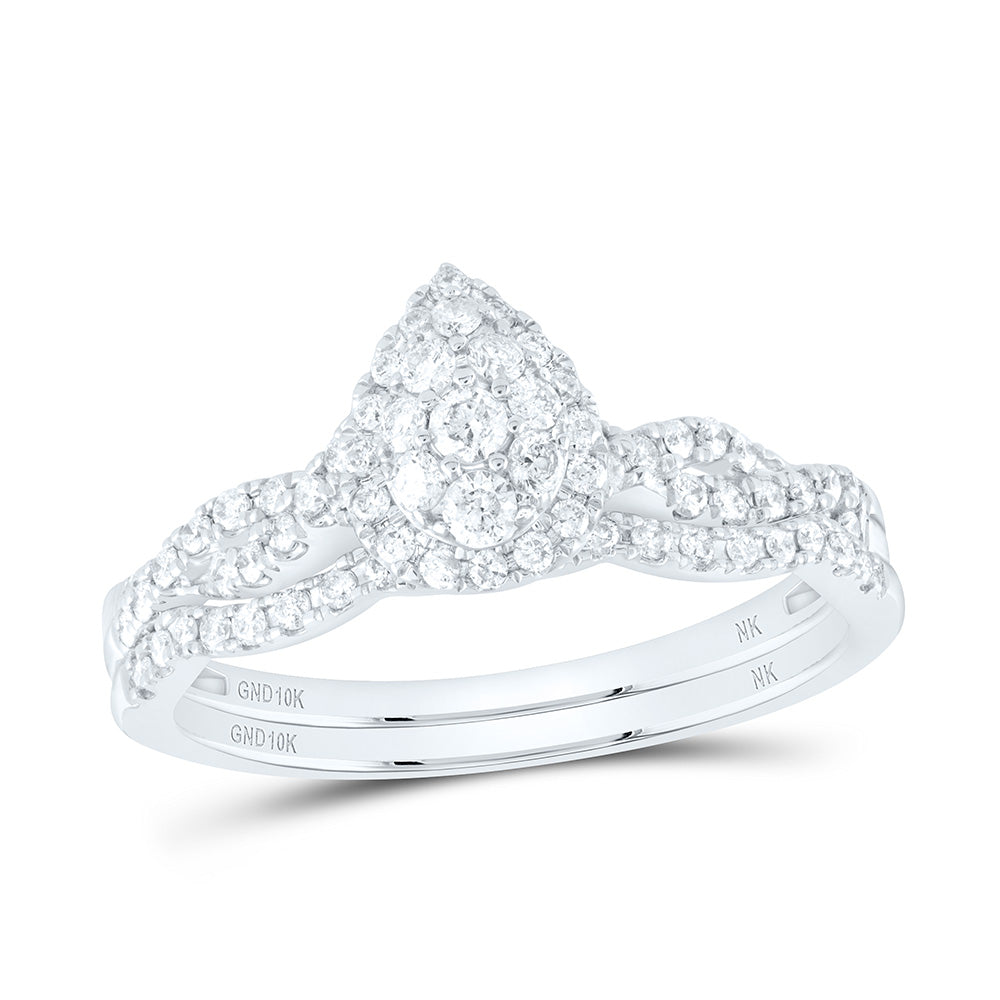 10kt White Gold Round Diamond Teardrop Bridal Wedding Ring Band Set 1/2 Cttw