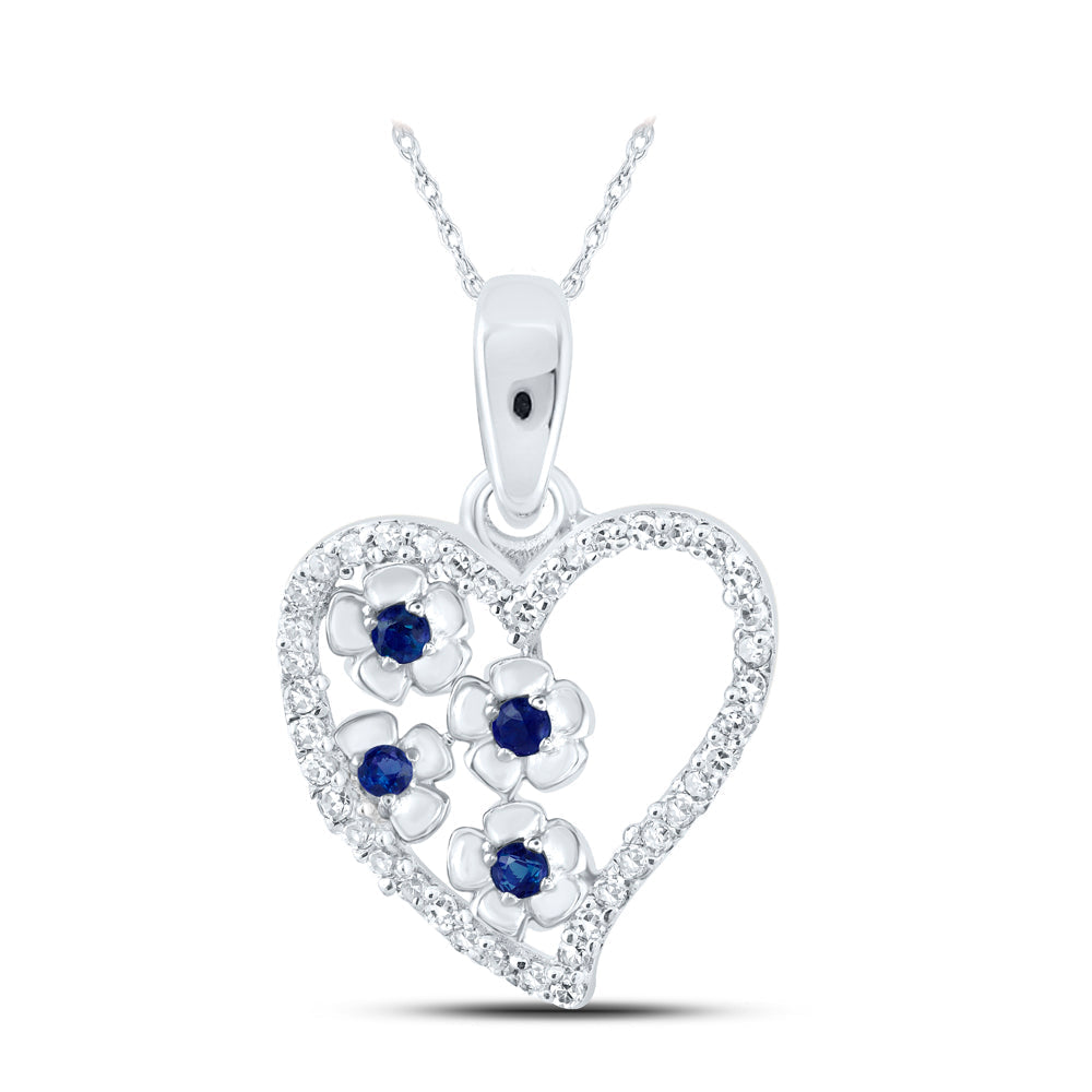 10kt White Gold Womens Round Blue Sapphire Diamond Heart Pendant 1/8 Cttw