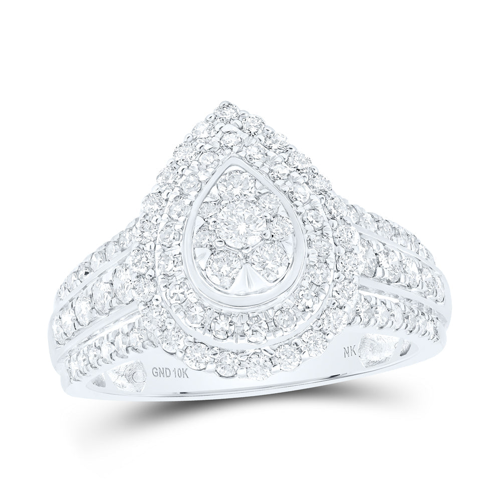 10kt White Gold Womens Round Diamond Teardrop Cluster Ring 1 Cttw