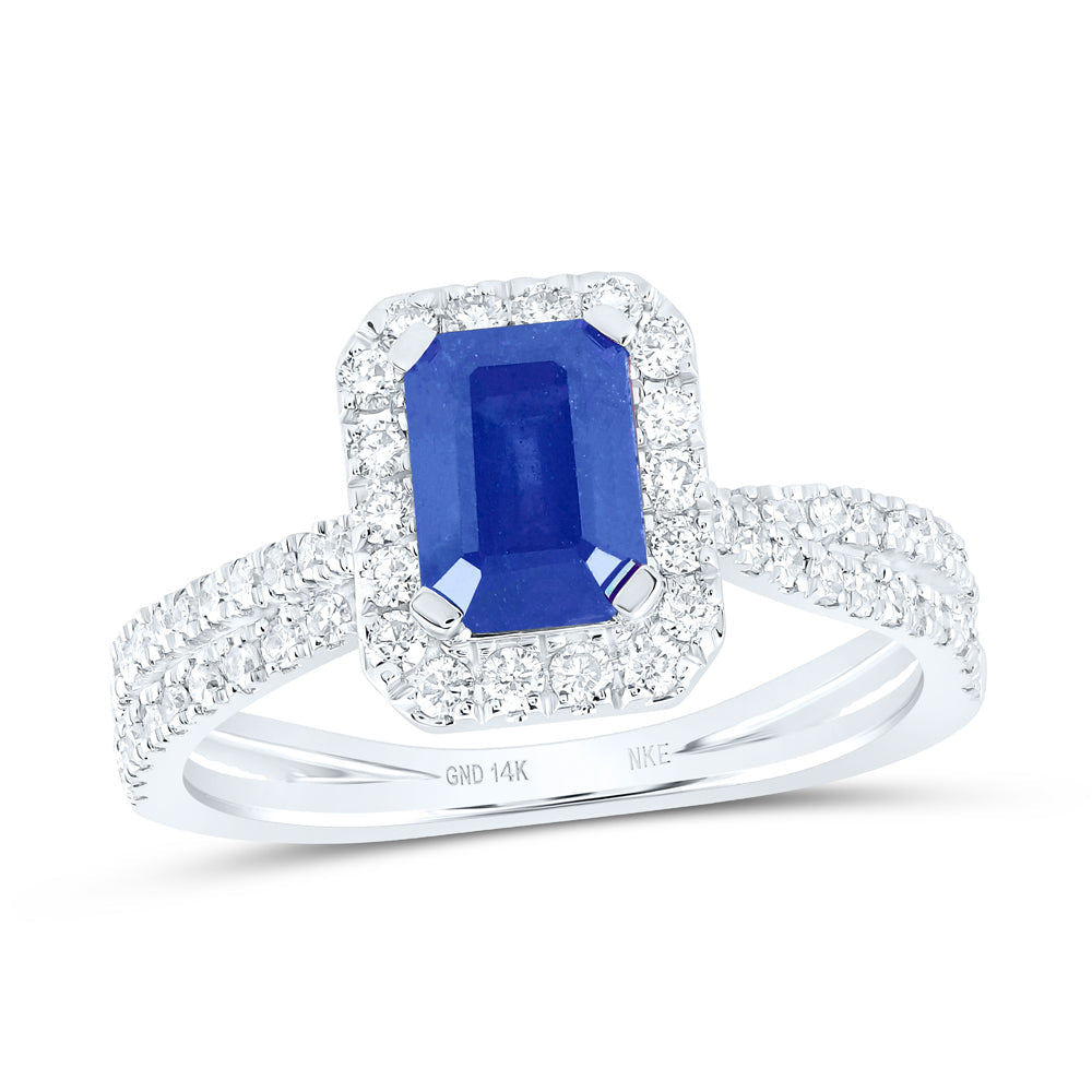 14kt White Gold Womens Emerald Blue Sapphire Diamond Fashion Ring 1-1/2 Cttw