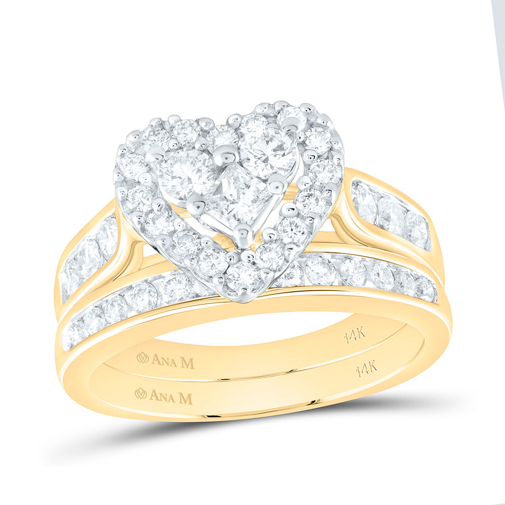 14kt Yellow Gold Princess Diamond Heart Bridal Wedding Ring Band Set 1 Cttw