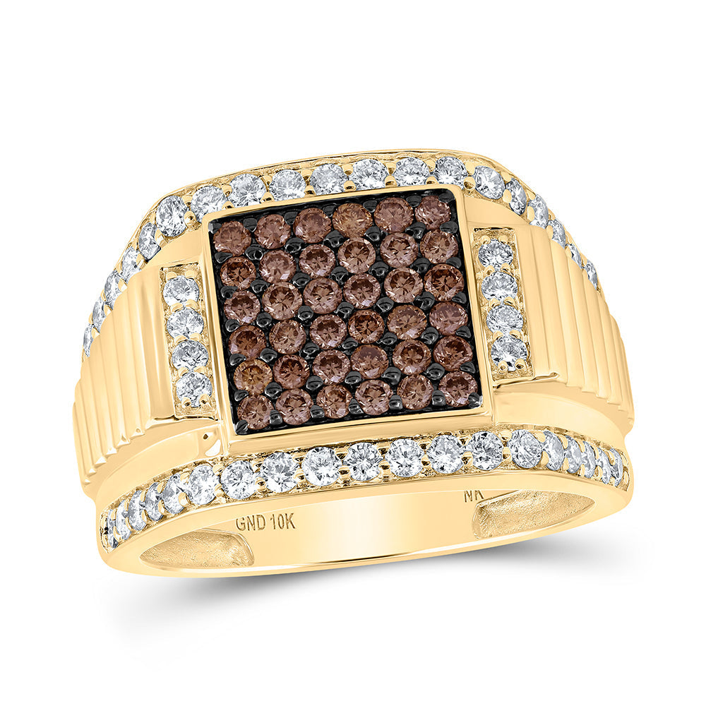 10kt Yellow Gold Mens Round Brown Diamond Square Ring 1-5/8 Cttw