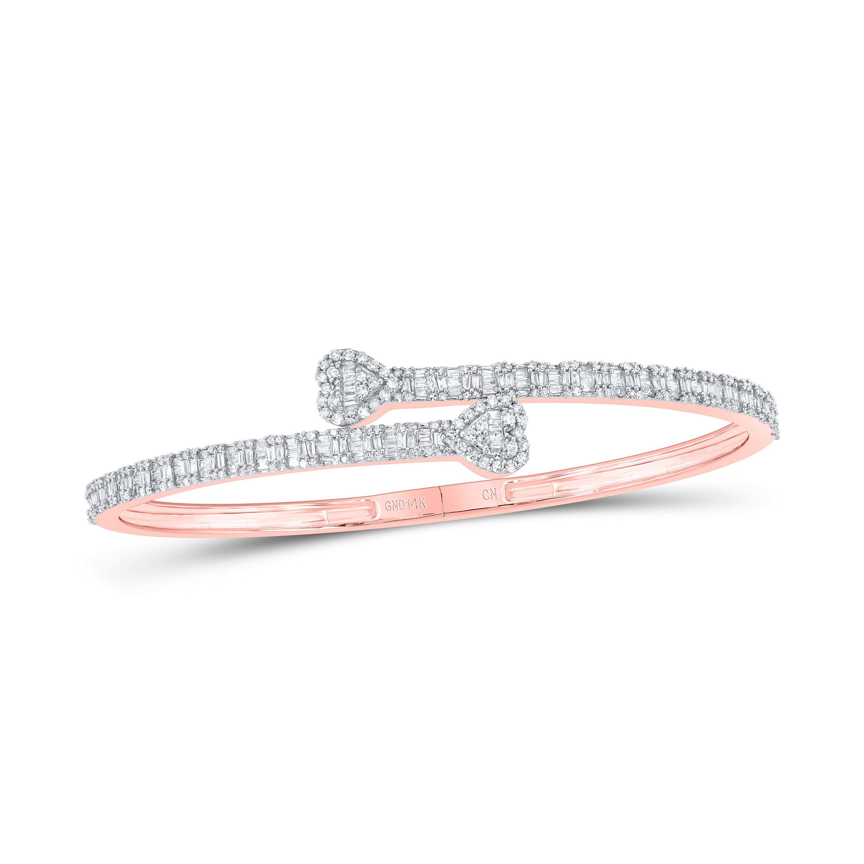 14kt Rose Gold Womens Baguette Diamond Heart Cuff Bangle Bracelet 1-1/2 Cttw